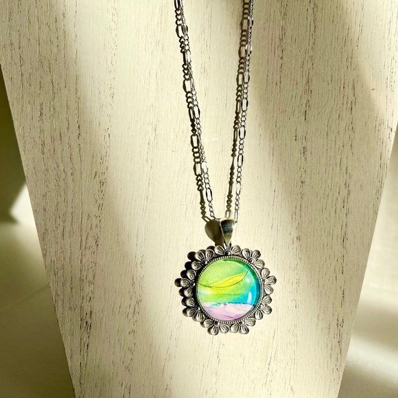 Handmade Watercolor Glass Flower Metal Pendant Necklace - Picture 1 of 11